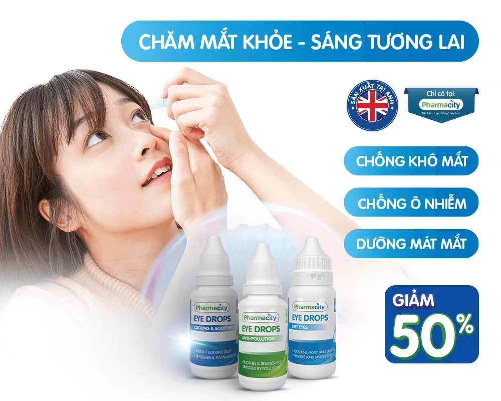 Dung dịch nhỏ mắt Pharmacity giúp dưỡng ẩm, giảm khô mắt, hỗ trợ bảo vệ và chăm sóc đôi mắt sáng khỏe suốt cả ngày một cách hiệu quả.