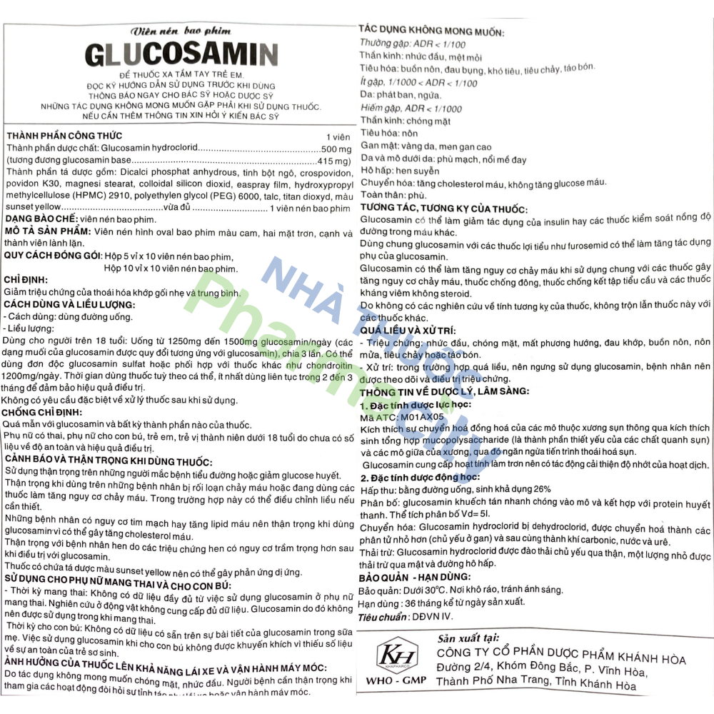 Viên nén Glucosamin 500mg Khánh Hòa giảm triệu chứng thoái hóa khớp gối (5 vỉ x 10 viên)