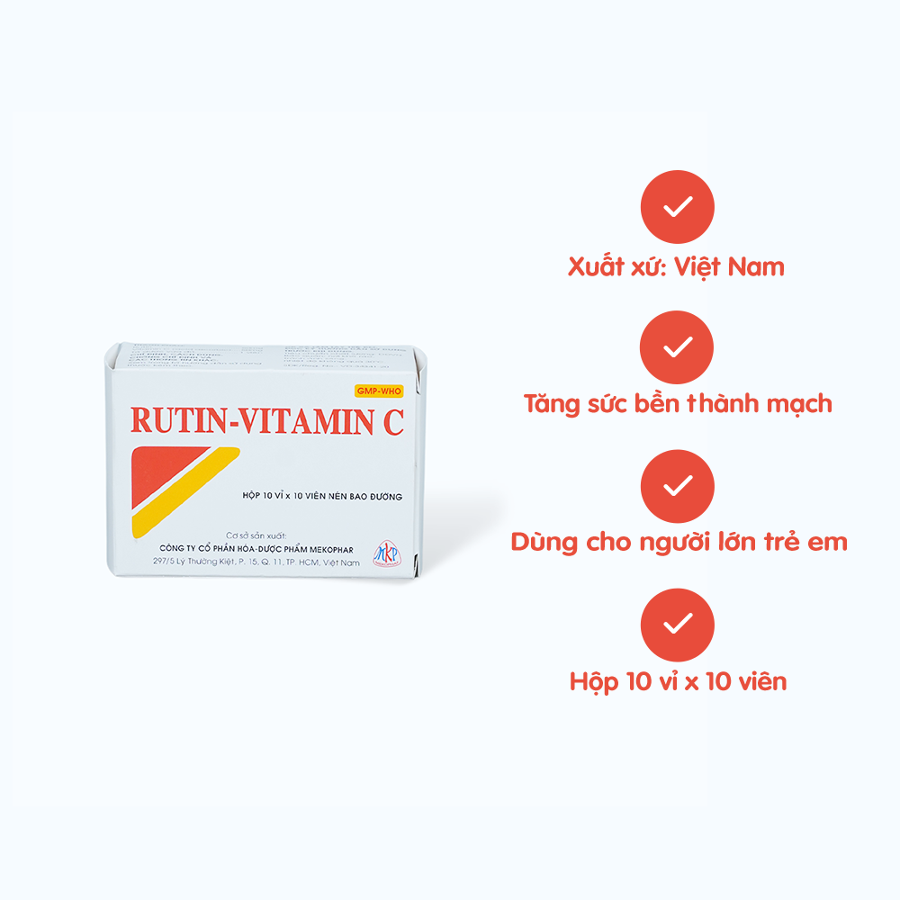 Viên nén bao đường Rutin-Vitamin C trị chảy máu, tăng sức bền thành mạch, xơ mạch (10 vỉ x 10 viên)