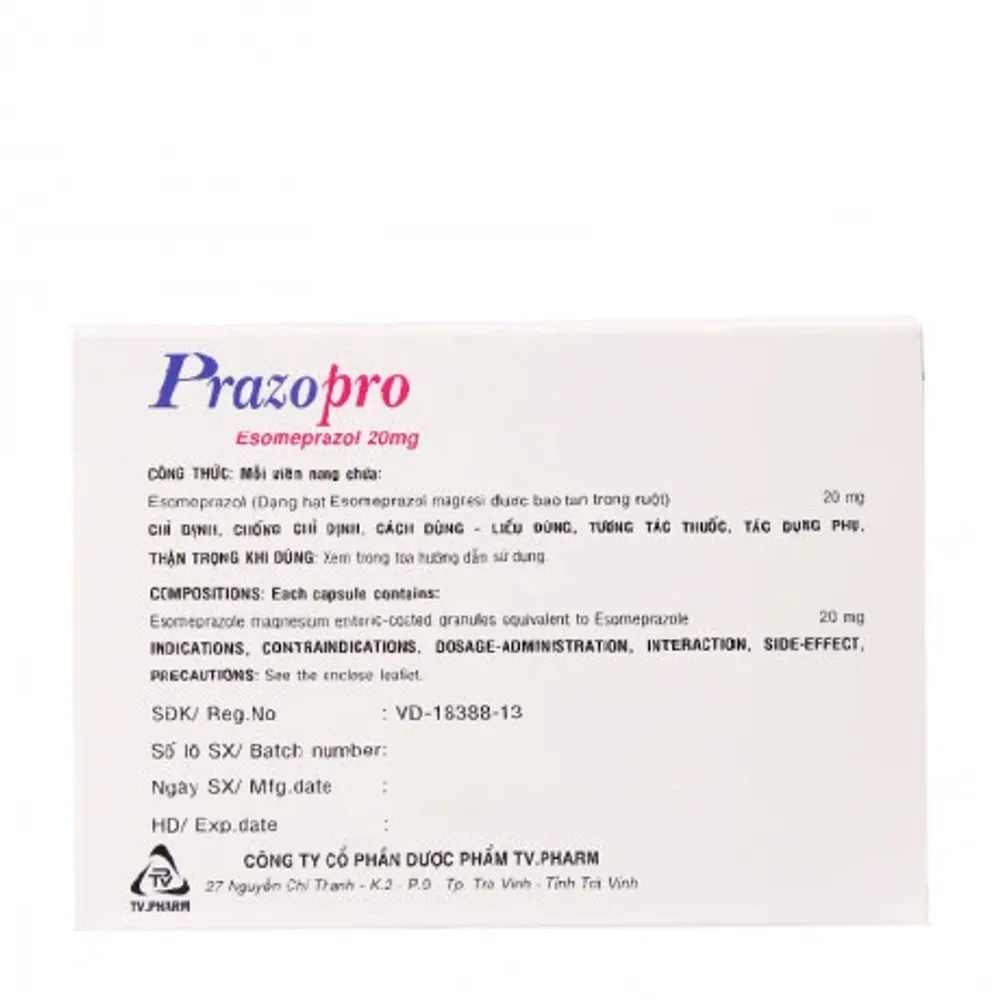 Viên nang Prazopro 20mg trị loét dạ dày tá tràng, viêm thực quản trào ngược (2 vỉ x 7 viên)