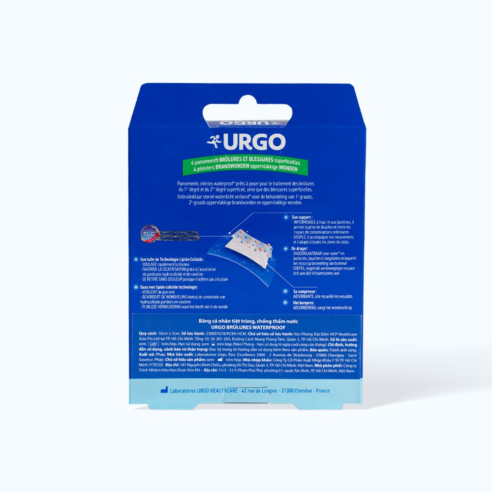 Băng cá nhân tiệt trùng, chống thấm nước URGO Brulures Waterproof cho vết bỏng cấp độ 1, bỏng cấp độ 2 và các vết thương 10cmx7cm (Hộp 4 miếng)