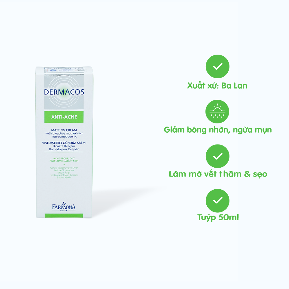 Kem dưỡng da DERMACOS hỗ trợ làm giảm bóng nhờn, hỗ trợ làm giảm mụn (Tuýp 50ml)