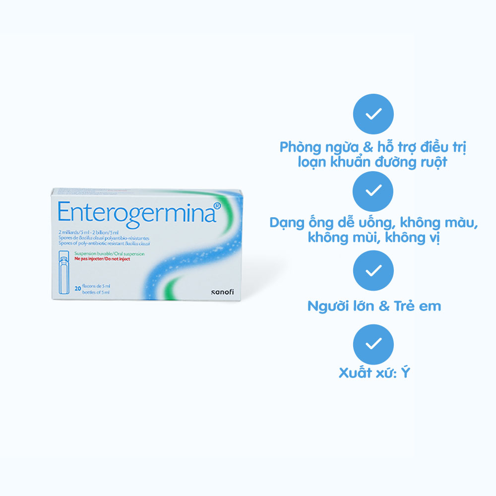 Hỗn dịch uống Enterogermina 2B/5ml trị và phòng ngừa rối loạn vi khuẩn đường ruột (2 vỉ x 10 ống)