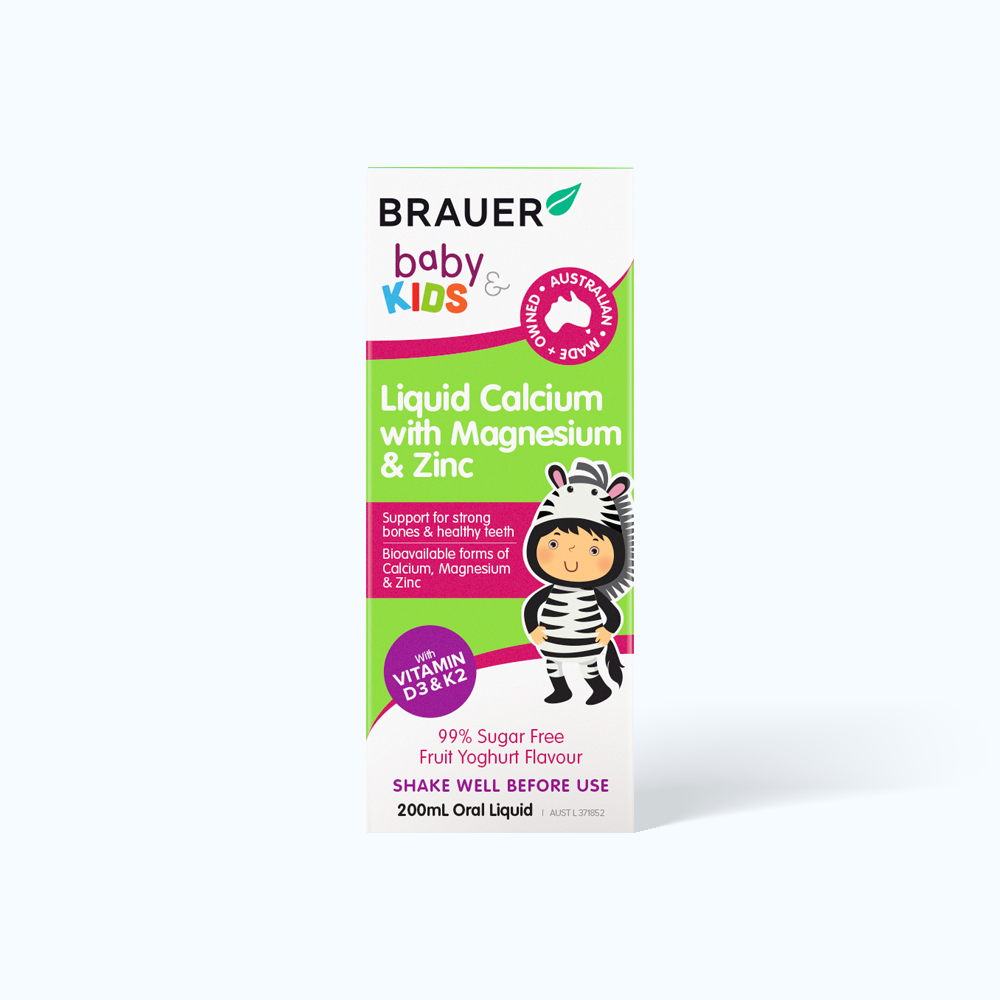 Siro BRAUER Kids Liquid Calcium with Magnesium & Zinc hỗ trợ xương & răng  chắc khỏe cho trẻ từ 1 tuổi (Chai 200ml)