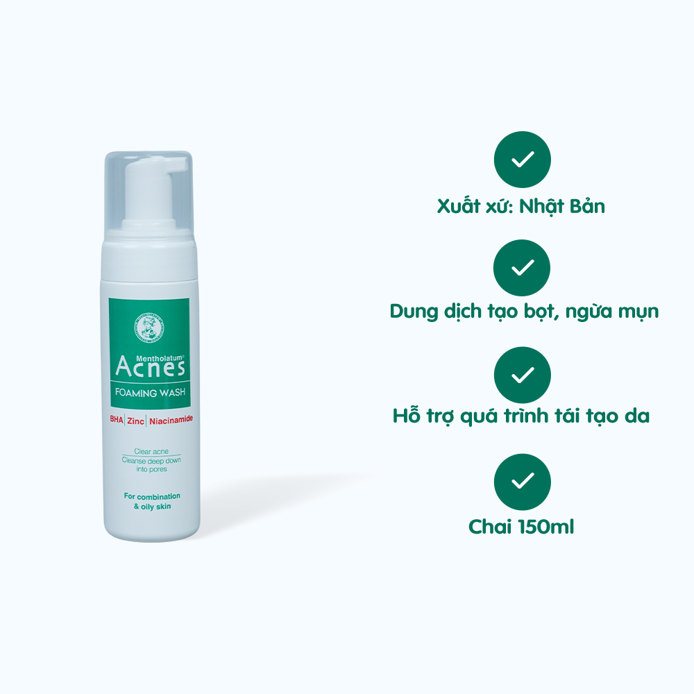 Dung Dịch Rửa Mặt Tạo Bọt Acnes Foaming Wash Hỗ Trợ Giảm Mụn, Hạn Chế Sẹo Thâm (Chai 150ml)