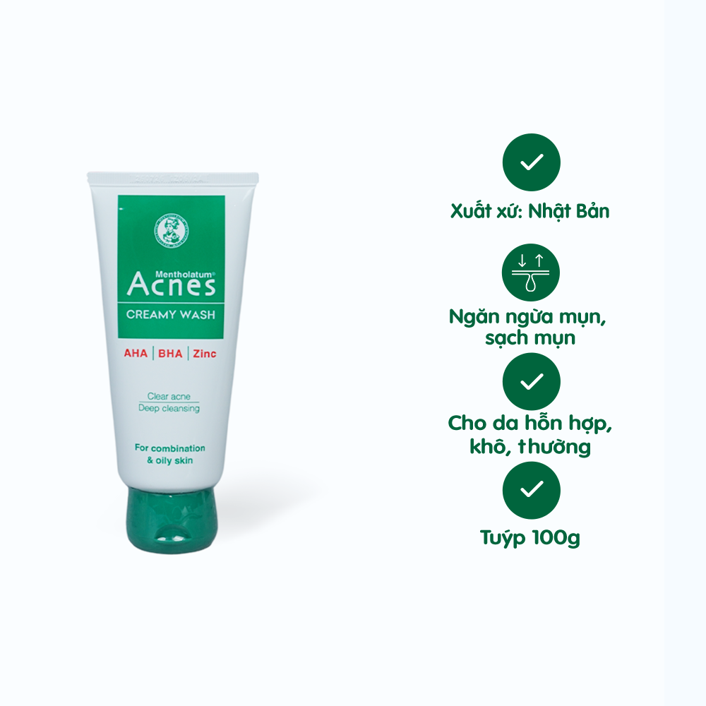 Kem Rửa Mặt ACNES Creamy Wash Hỗ Trợ Gỉam Mụn, Hạn Chế Sẹo Thâm (Tuýp 100g)