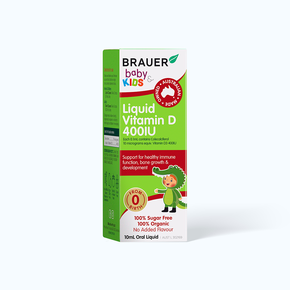 Siro BRAUER Baby Kids Liquid Vitamin D 400IU bổ sung vitamin D3, tăng cường hấp thụ canxi (10ml)