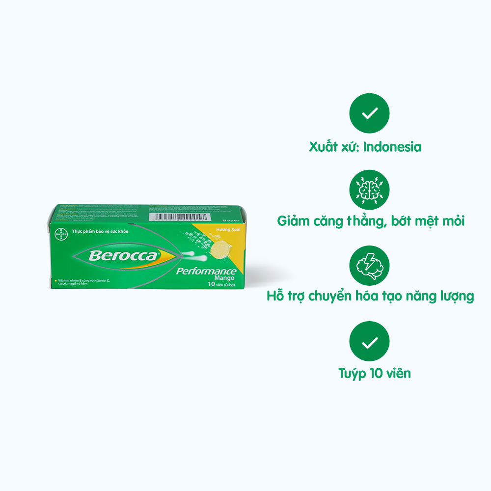 Viên sủi Berocca Performance bổ sung vitamin và khoáng chất hương xoài (Tuýp 10 viên)