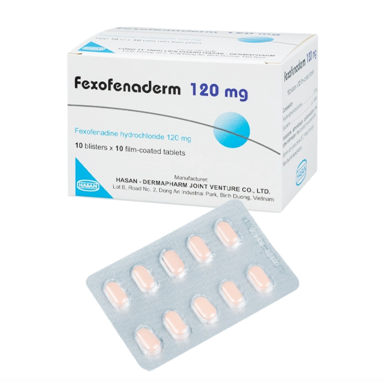 Viên nén Fexofenaderm 120mg trị viêm mũi dị ứng, mày đay (10 vỉ x 10 viên)