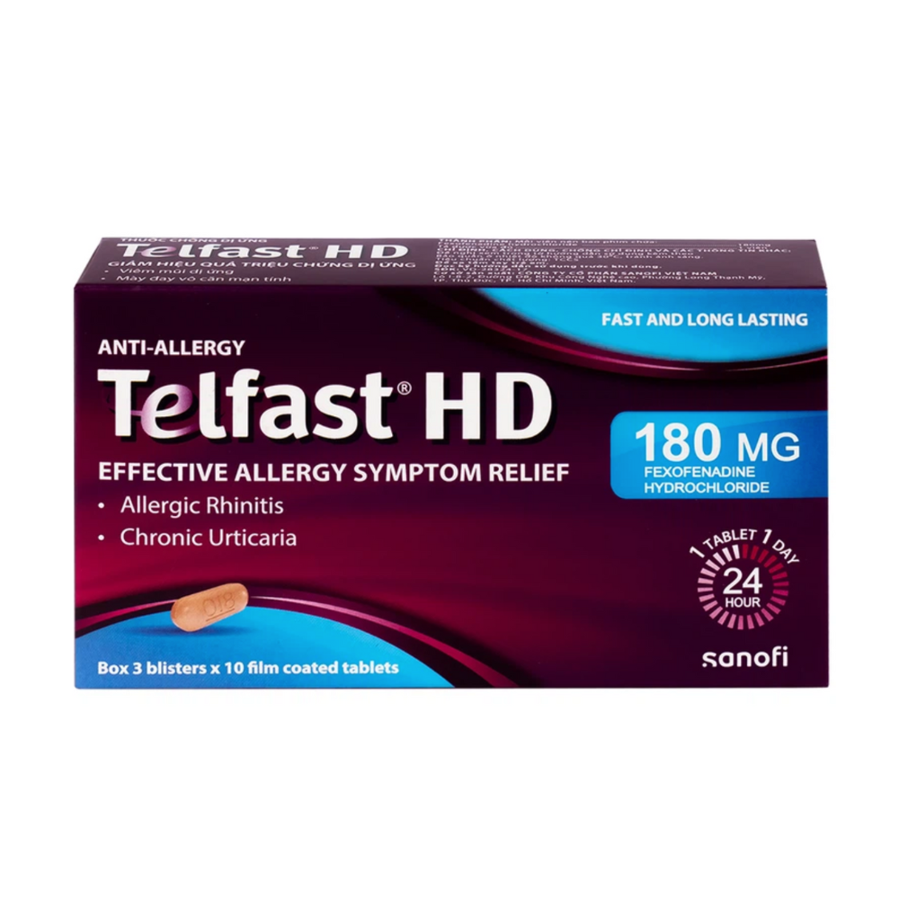 Viên nén Telfast HD 180mg trị viêm mũi dị ứng, mày đay (3 vỉ x 10 viên)