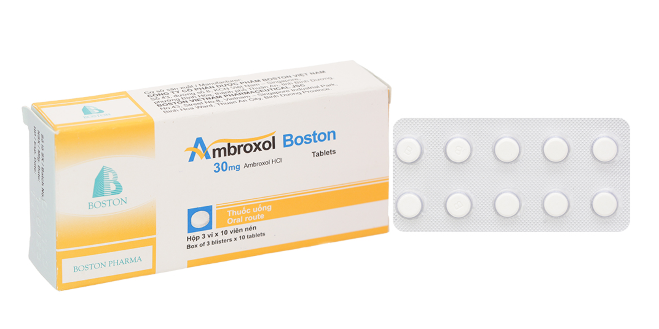 Viên nén Ambroxol 30mg Boston tiêu nhầy, loãng đàm, giảm ho (3 vỉ x 10 viên)