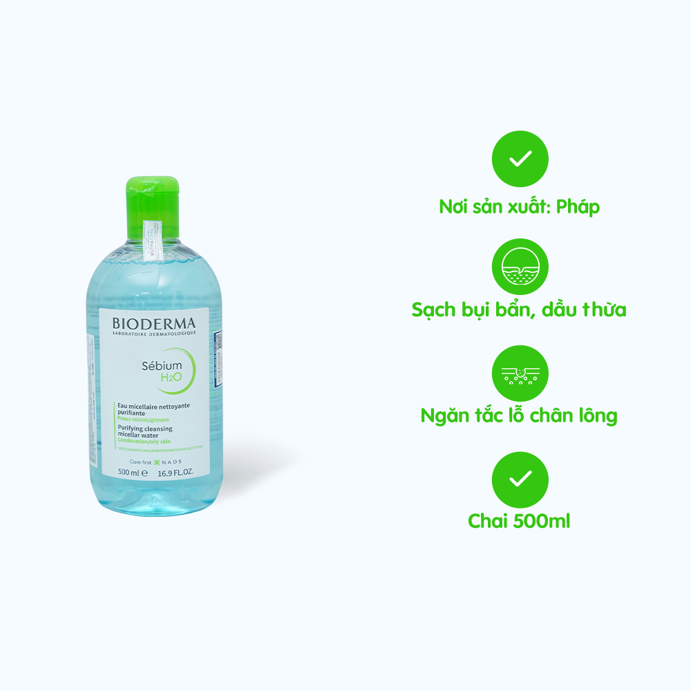 Nước tẩy trang và làm sạch BIODERMA Sebium H2O dành cho da hỗn hợp đến da dầu (Chai 500ml)