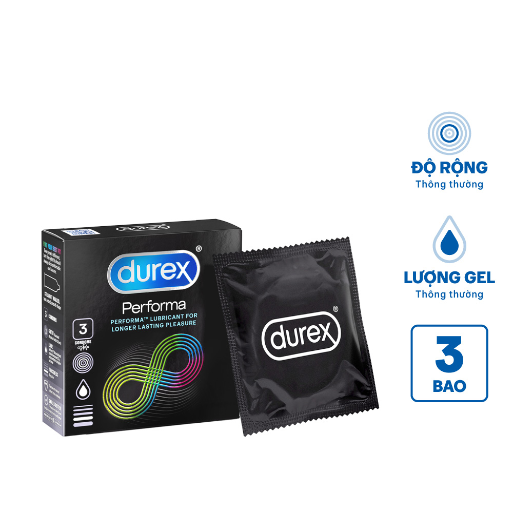 Bao cao su DUREX Performa có gel bôi trơn, kéo dài thời gian quan hệ (hộp 3 cái)