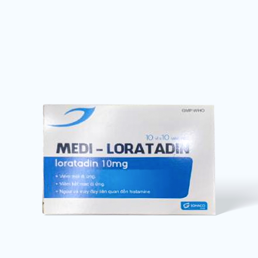 Viên nén Medi-Loratadin 10mg trị viêm mũi dị ứng, mày đay, ngứa (10 vỉ x 10 viên)