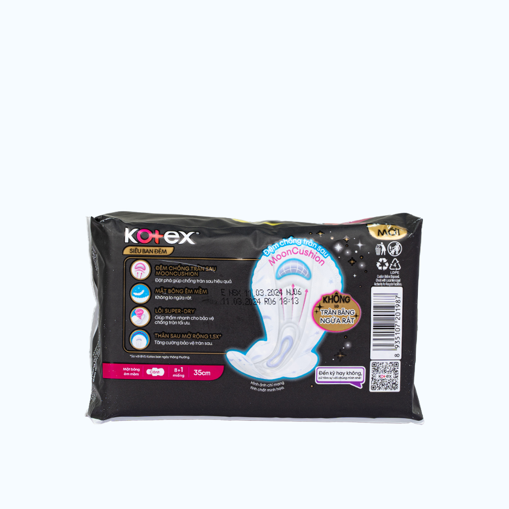 Băng vệ sinh siêu ban đêm có cánh 35cm Kotex (8 miếng/gói)