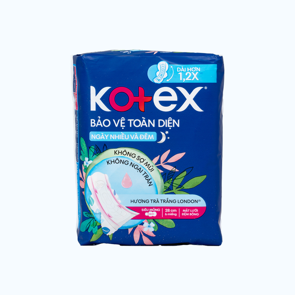 Băng vệ sinh bảo vệ toàn diện cho ngày nhiều và đêm  28cm Kotex (Gói 6 miếng)