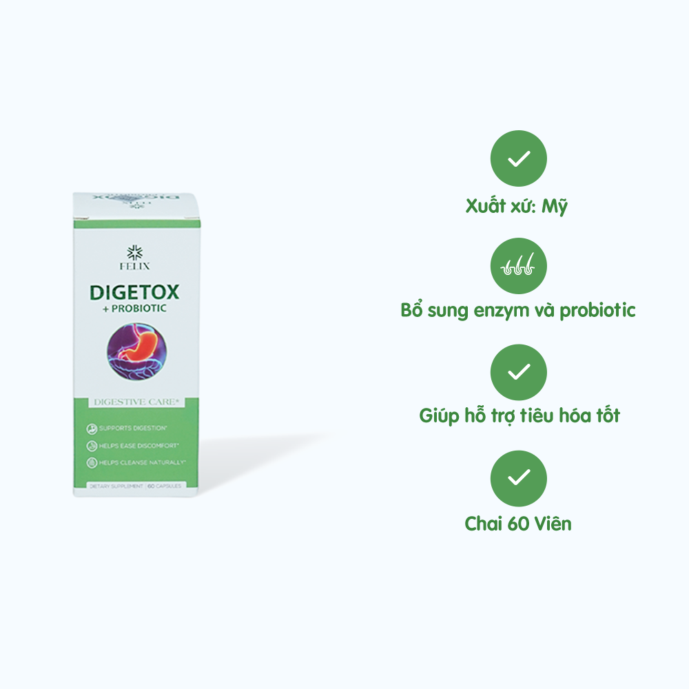 Viên uống Felix Digetox Probiotic hỗ trợ tiêu hóa (Hộp 60 viên)