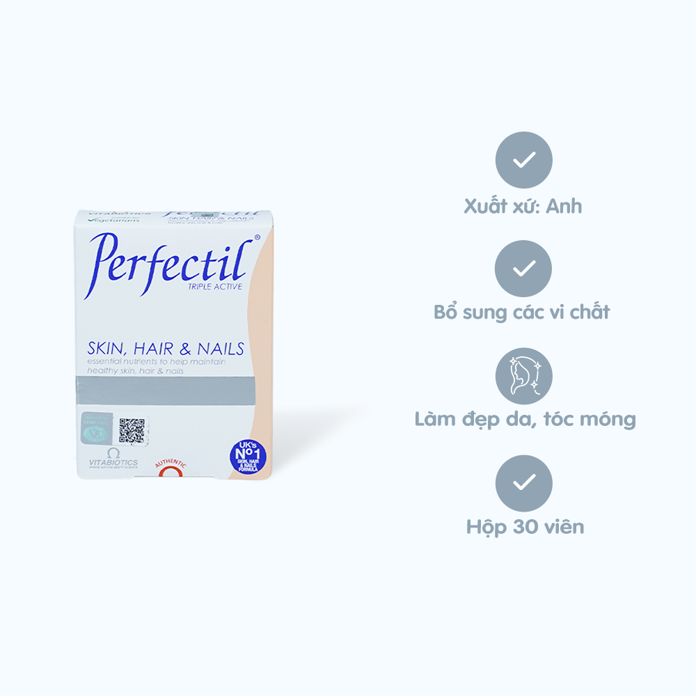 Viên uống Vitabiotics Perfectil hỗ trợ chăm sóc da, tóc, móng (Hộp 30 viên)