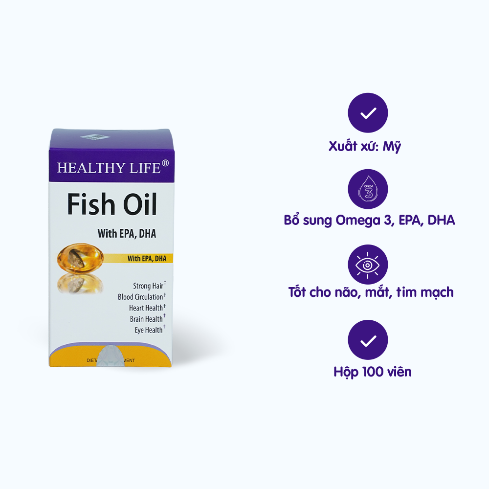 Viên dầu cá Healthy Life Omega 3 hỗ trợ não, mắt và tim mạch (Hộp 100 viên)