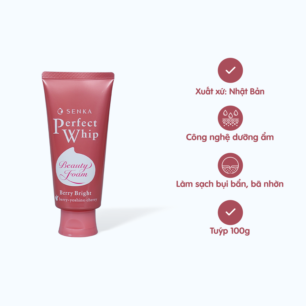 Sữa Rửa Mặt SENKA Perfect Whip Berry Bright Sạch Sâu, Dưỡng Da sáng hồng Senka (Tuýp 100g)