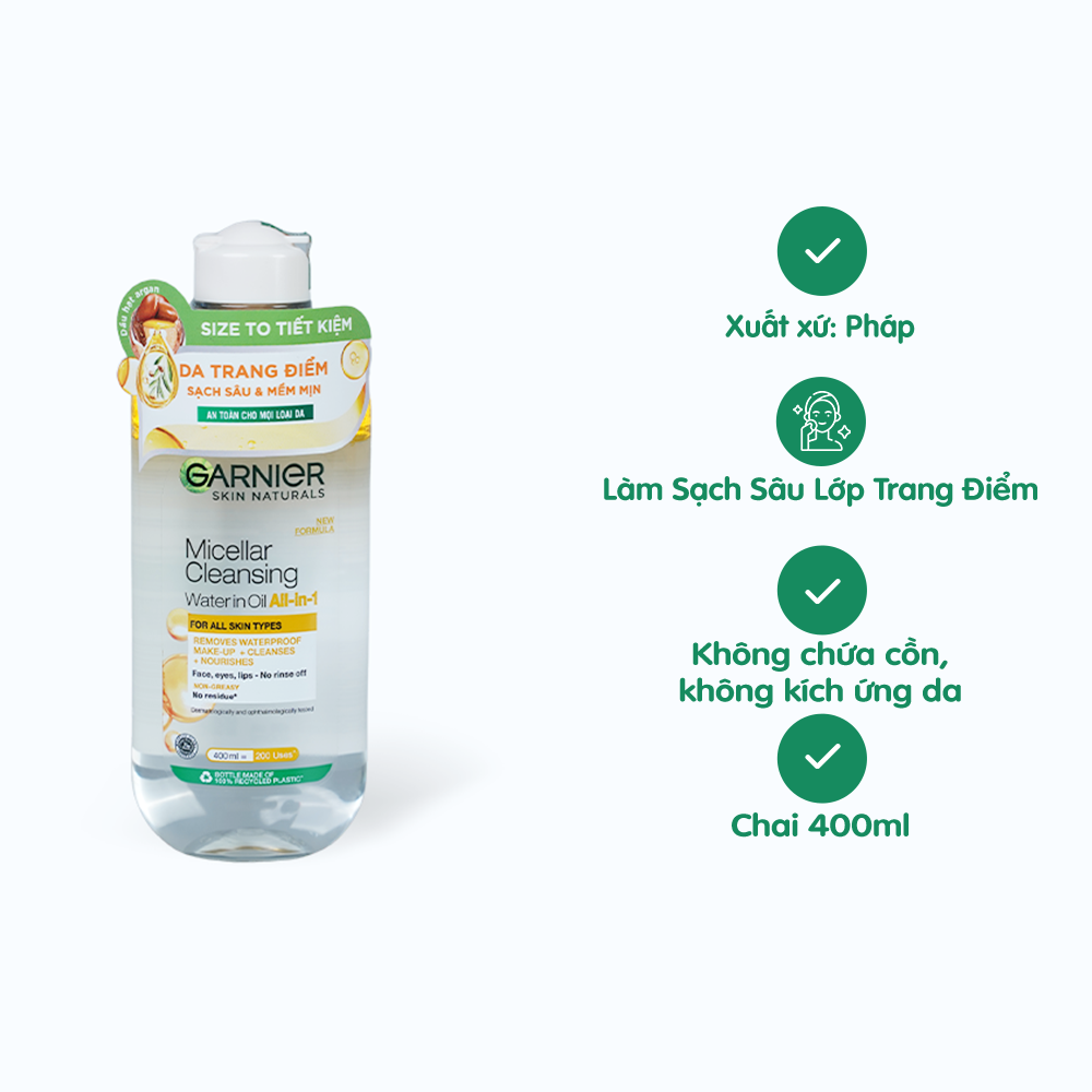 Nước Tẩy Trang GARNIER Micellar Oil-Infused Làm Sạch Sâu (Chai 400ml)