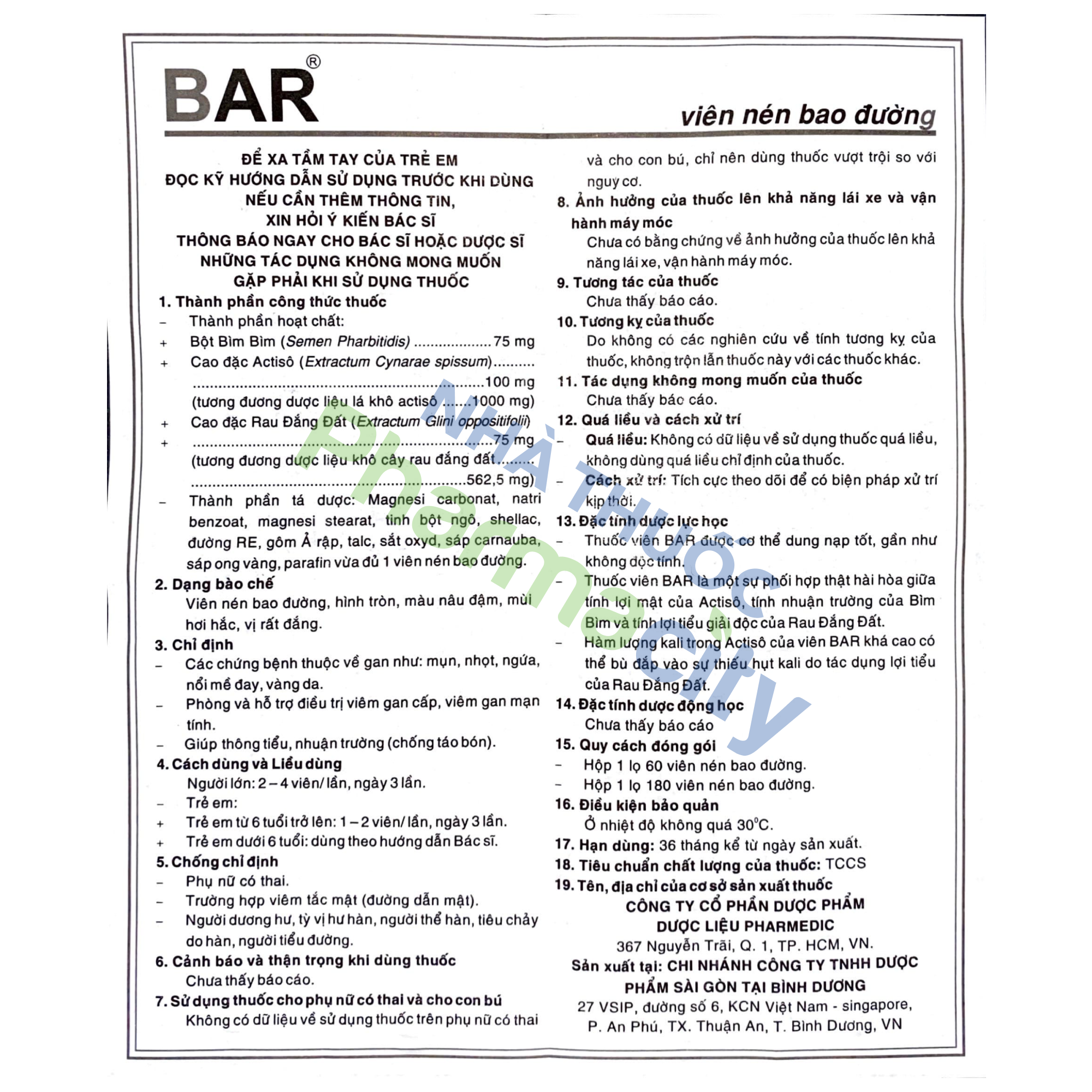 Viên nén bao đường BAR hỗ trợ các bệnh lý về gan, chống táo bón (chai 180 viên)