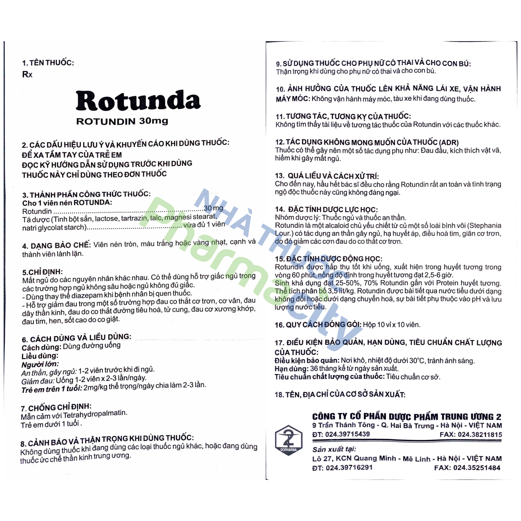 Thuoc Rotundo Viên nén Rotunda 30mg hỗ trợ điều trị mất ngủ, giảm đau (10 vỉ x 10 viên)
