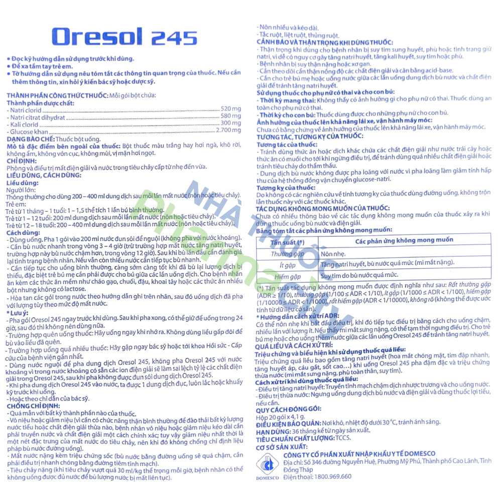 Thuốc bột uống ORESOL 245 Domesco phòng và điều trị mất nước và chất điện giải (hộp 20 gói)