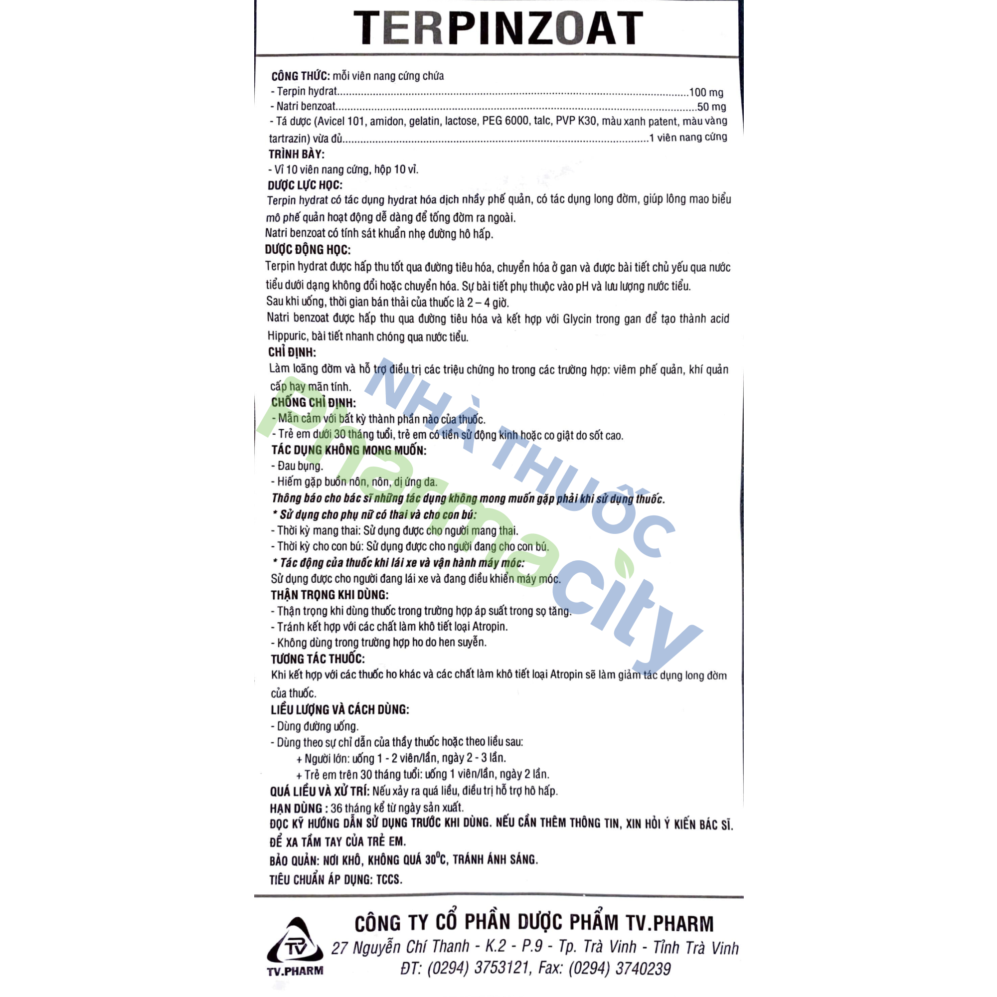 Viên nang Terpinzoat 100mg/50mg trị ho, long đờm trong viêm phế quản cấp, mãn tính (10 vỉ x 10 viên)