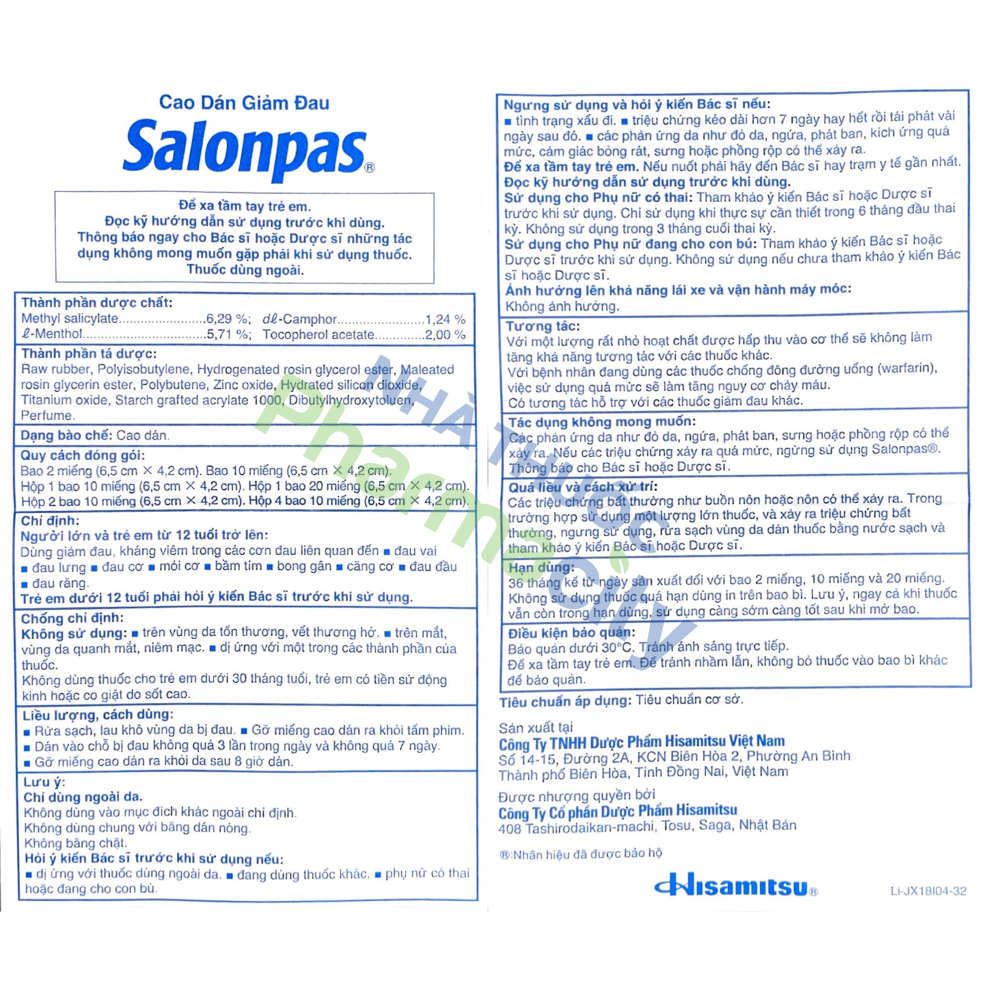 Cao dán Salonpas 6.5cmx4.2cm dùng giảm đau, kháng viêm trong các cơn đau (2 gói x 10 miếng)