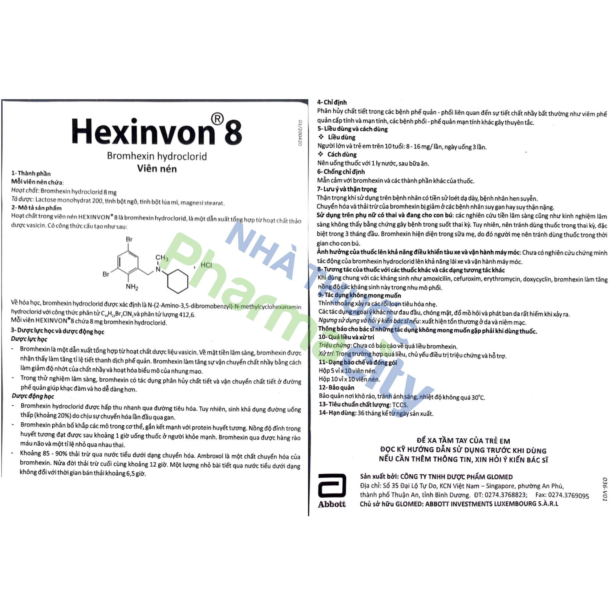 Viên nén Hexinvon 8mg tiêu nhầy, loãng đàm, giảm ho (10 vỉ x 10 viên)