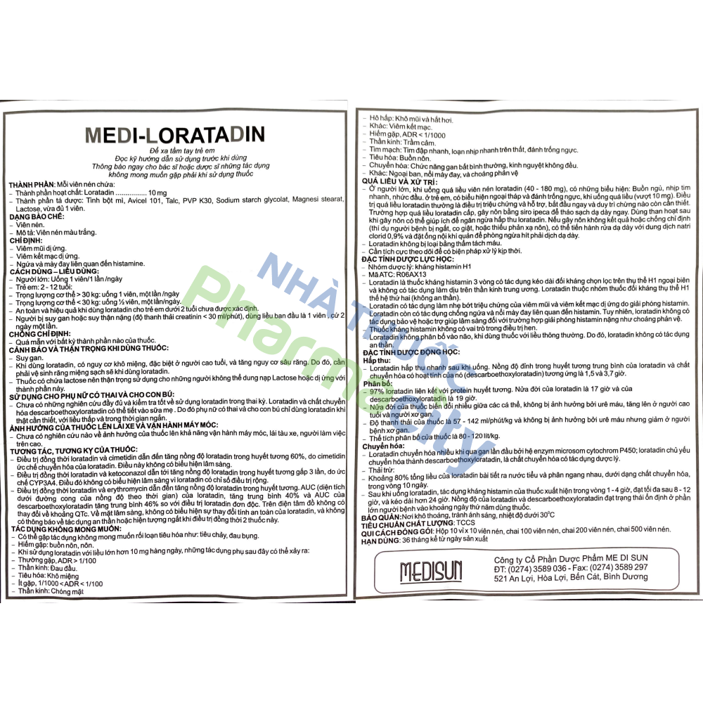 Viên nén Medi-Loratadin 10mg trị viêm mũi dị ứng, mày đay, ngứa (10 vỉ x 10 viên)