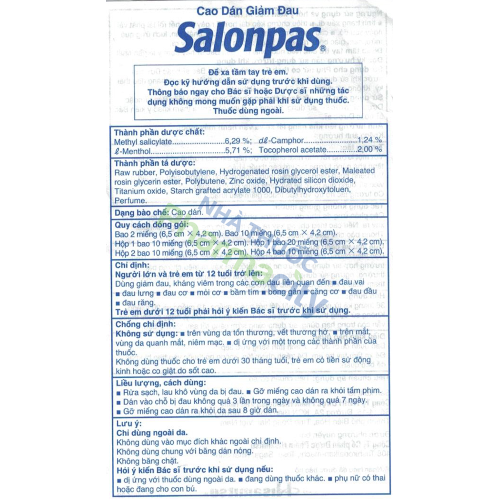 Cao dán Salonpas dán 6.5cmx4.2cm giảm đau vai, đau cổ, đau lưng, đau khớp (4 túi x 10 miếng)