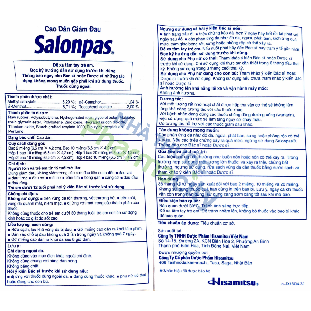 Cao dán Salonpas 6.5cmx4.2cm giảm đau vai, đau lưng, đau cơ, đau khớp (24 gói x 10 miếng)