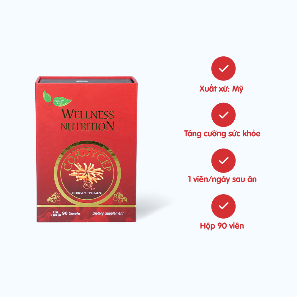 Viên đông trùng hạ thảo Wellness Nutrition tăng cường sức khỏe (Hộp 90 viên)