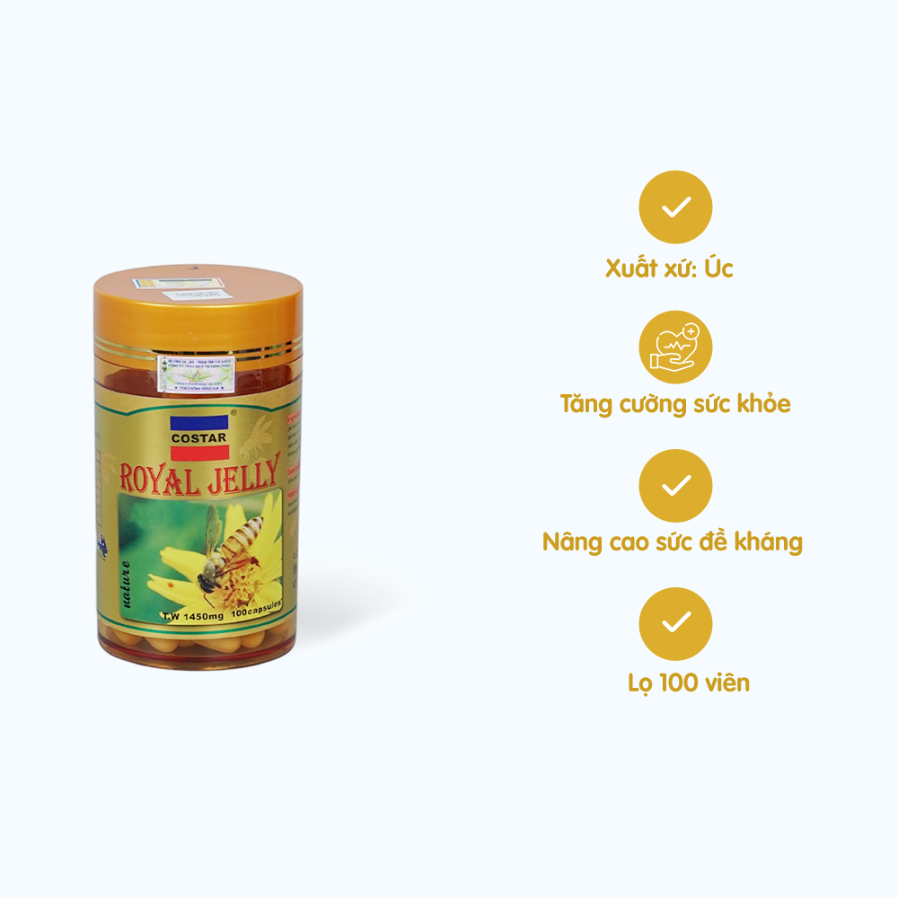 Viên uống Sữa ong chúa Costar Royal Jelly Soft Gel Capsules nâng cao đề kháng, đẹp da (100 viên)