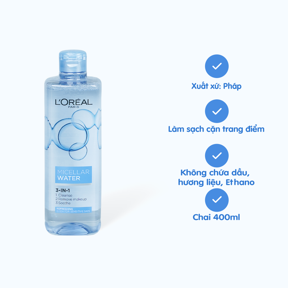 Nước Tẩy Trang L'OREAL Micellar Water 3-in-1 Refreshing Even For Sensitive Skin làm sạch da cho da nhạy cảm (400ml)