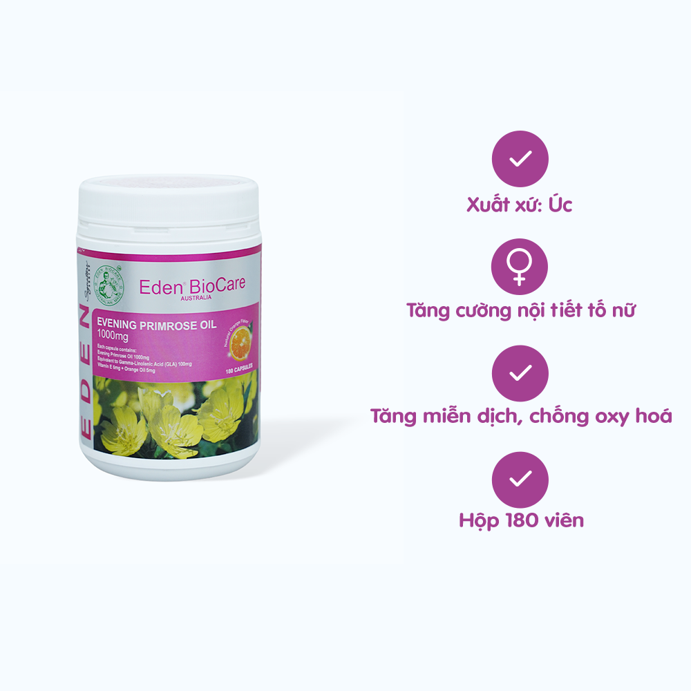 Viên uống dầu hoa anh thảo Eden BioCare Evening Primrose Oil tăng cường nội tiết tố nữ (180 viên)