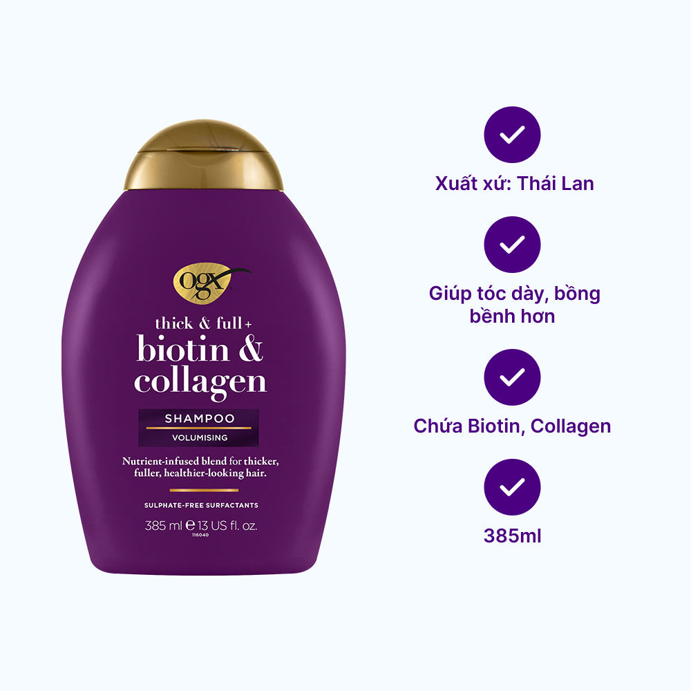 Dầu Gội OGX Thick & Full Bổ Sung Biotin Collagen Cho Tóc (chai 385ml)