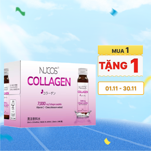 Nước uống NUCOS Collagen 7000mg & 300mg C hỗ trợ chống lão hóa, đẹp da (Hộp 10 chai x 30ml)