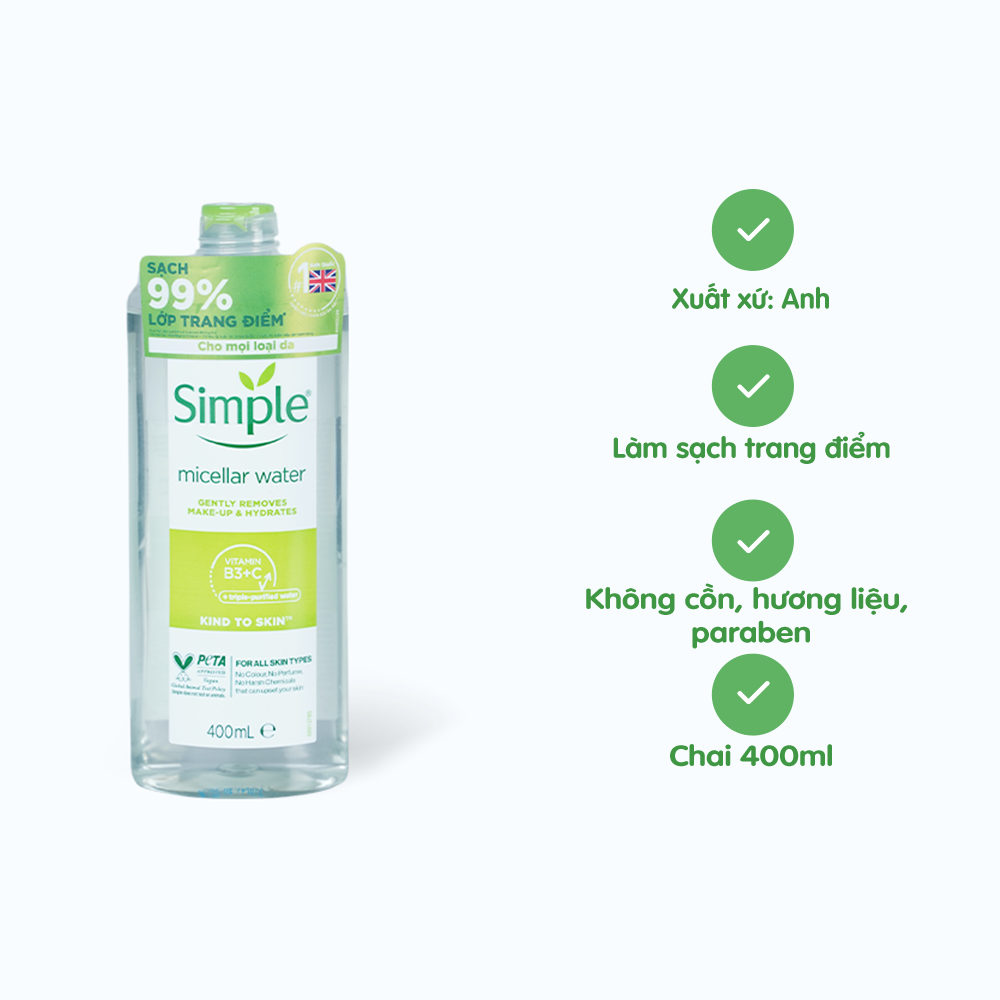 Nước Tẩy Trang SIMPLE Làm Sạch Lớp Trang Điểm Và Dưỡng Ẩm Cho Da Mặt (Chai 400ml)