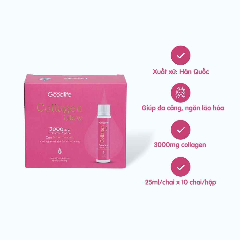 Nước uống Collagen Goodlife Collagen Glow 3000mg hỗ trợ làm đẹp da (Hộp 10 ống x 25mL)