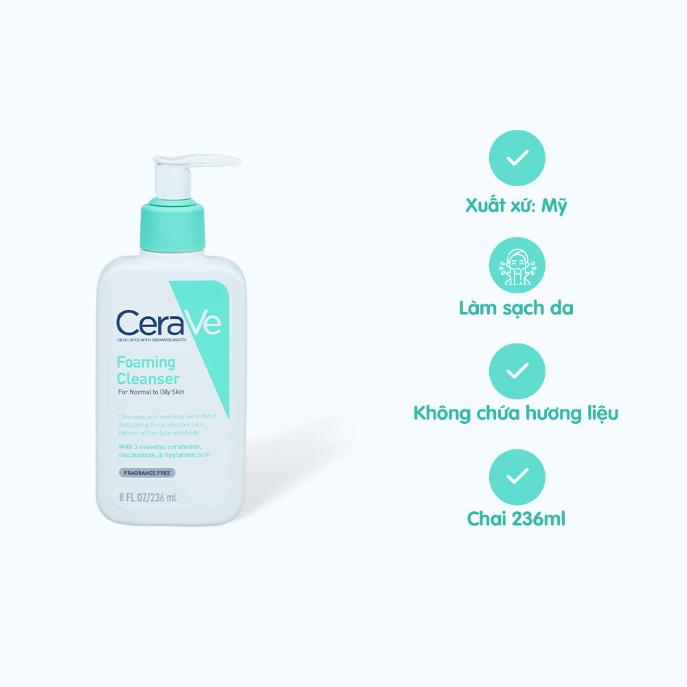 Sữa rửa mặt CERAVE Foaming Cleanser giúp làm sạch da, dành cho da dầu ...