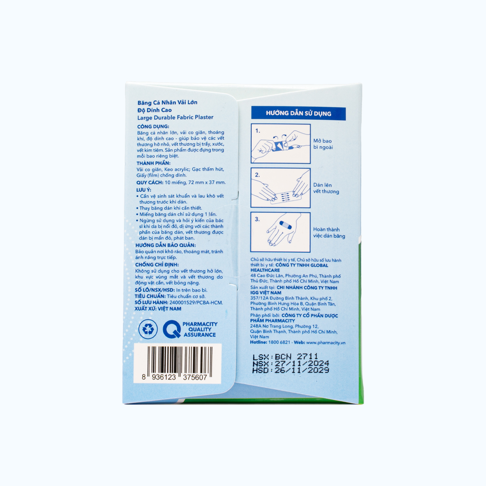 Băng cá nhân vải lớn Pharmacity độ dính cao 72x37mm (Hộp 10 Miếng)