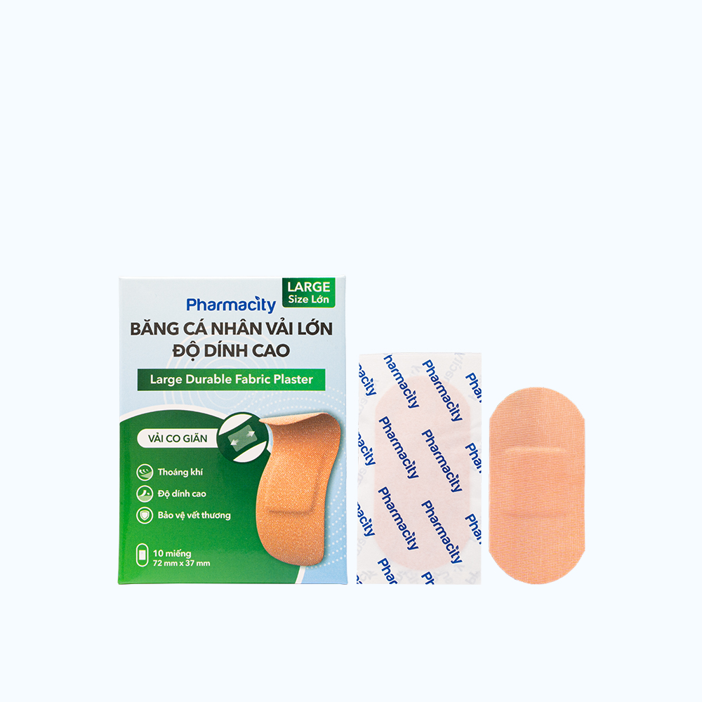 Băng cá nhân vải lớn Pharmacity độ dính cao 72x37mm (Hộp 10 Miếng)