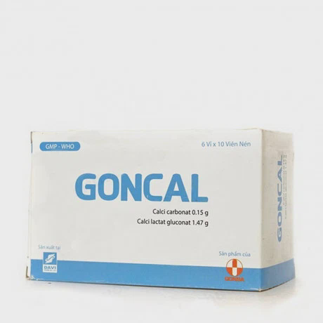 Thuốc Goncal 1,47g/0,15g trị thiếu canxi, loãng xương, còi xương và nhuyễn xương (6 vỉ x 10 viên)
