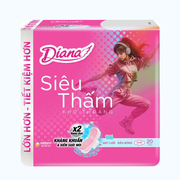 Băng Vệ Sinh Diana Siêu Thấm Siêu Mỏng Cánh Gói Lớn 20 Miếng