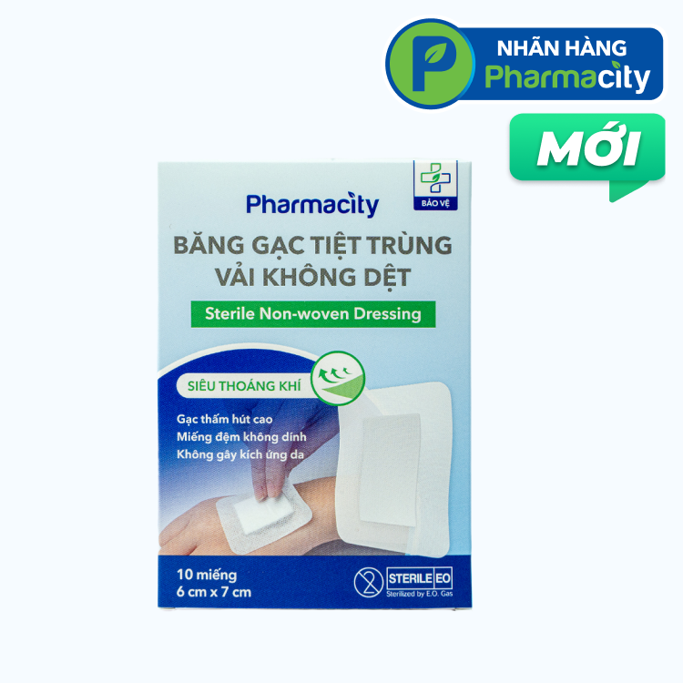 Băng gạc tiệt trùng vải không dệt Pharmacity 6cm x 7cm (Hộp 10 miếng)