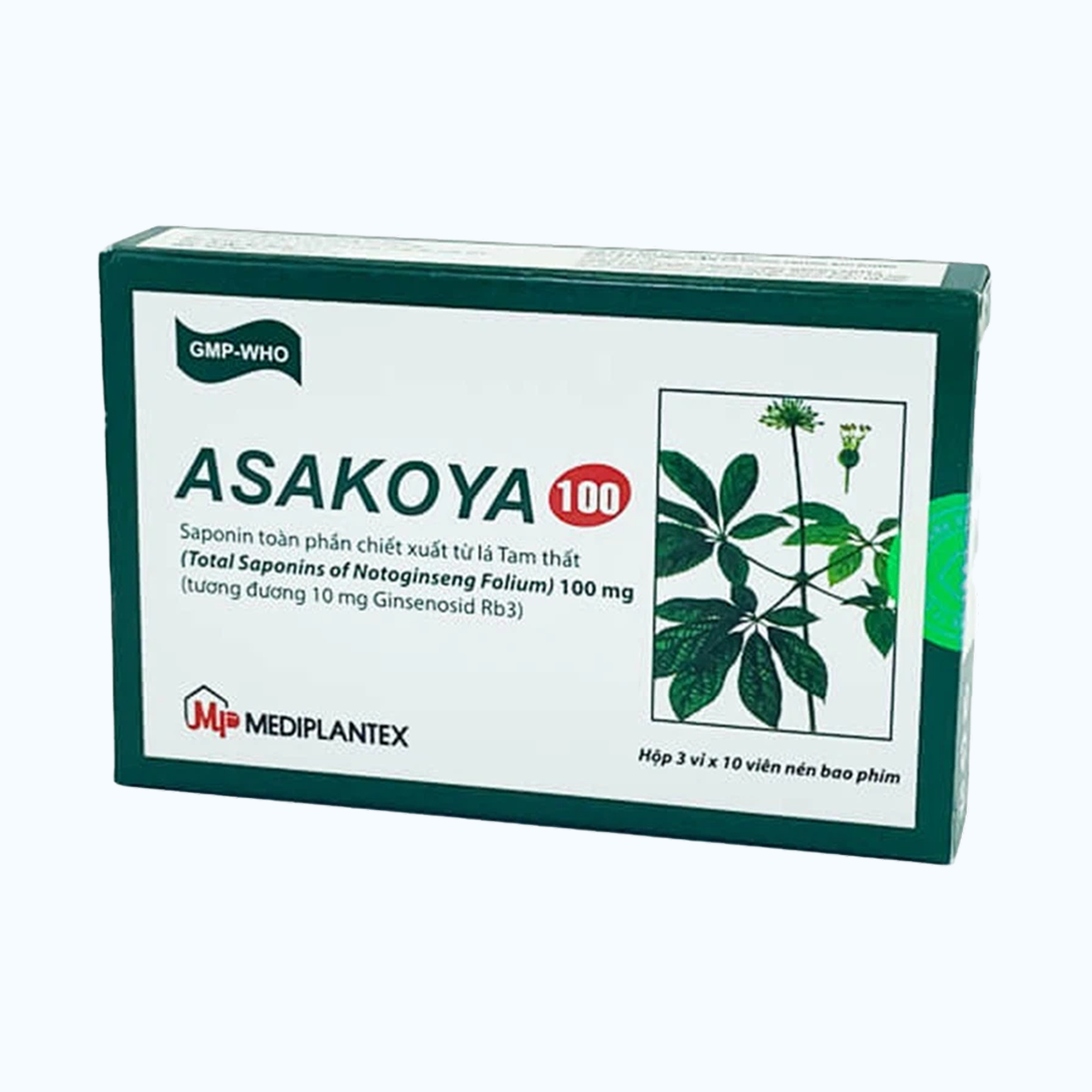 Thuốc Asakoya 100Mg Mediplantex an thần, tăng lưu thông tuần hoàn máu, giảm đau (3 vỉ x 10 viên)