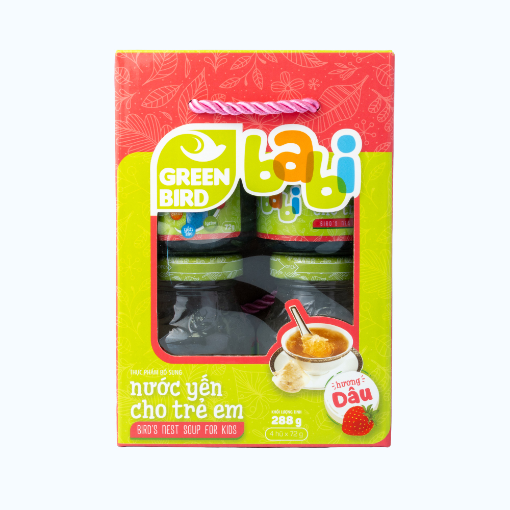 Nước yến bổ dưỡng GREENBIRD giúp tăng cường đề kháng cho trẻ em hương dâu (Lốc 4 hủ x 72g)